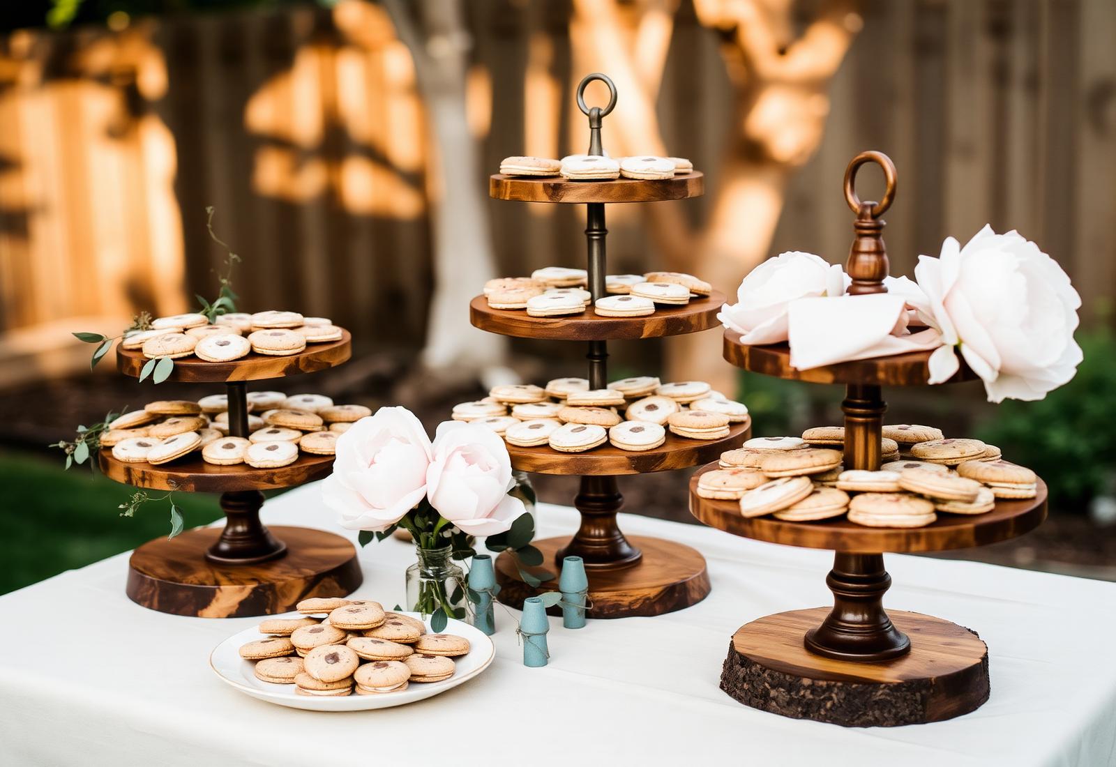 Tiered wooden stands of cookies at a small event with pale peonies and eucalyptus