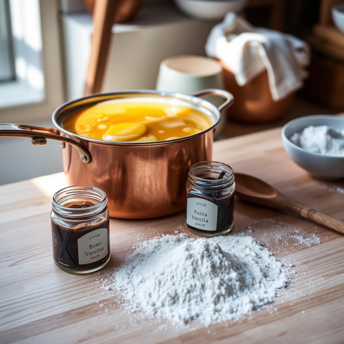 Copper pan of brown butter and real vanilla bean paste on a light wood counter